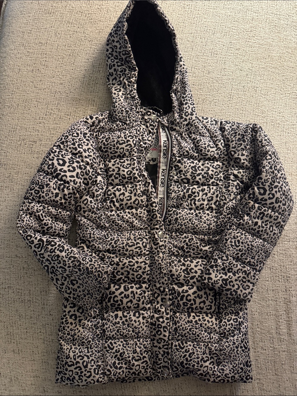 Leopard Print Hooded Puffer Jacket - Beige/Black